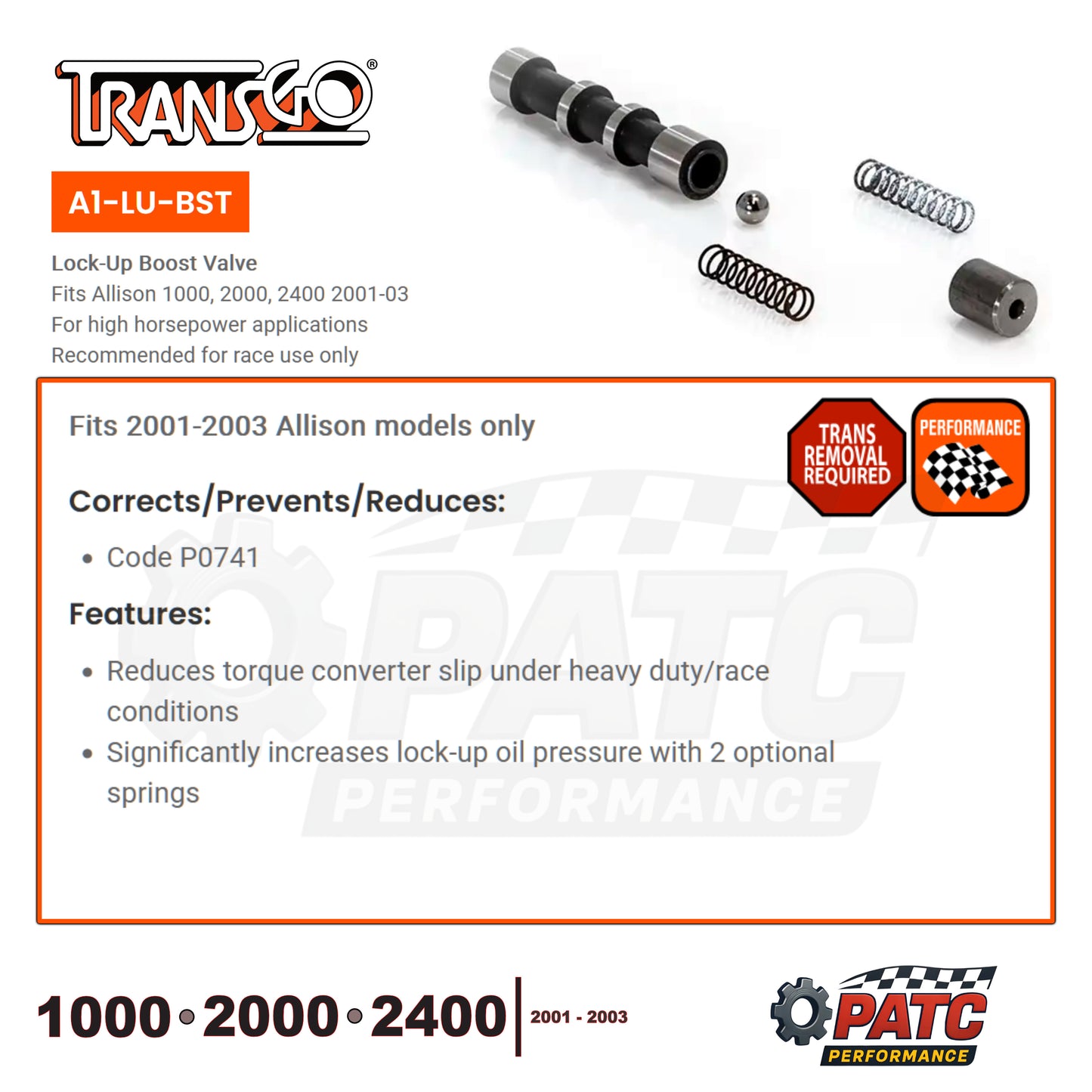 2001-03 Allison 1000 / 2000 Lock-Up Boost Valve Kit | TransGo A1-LU-BST