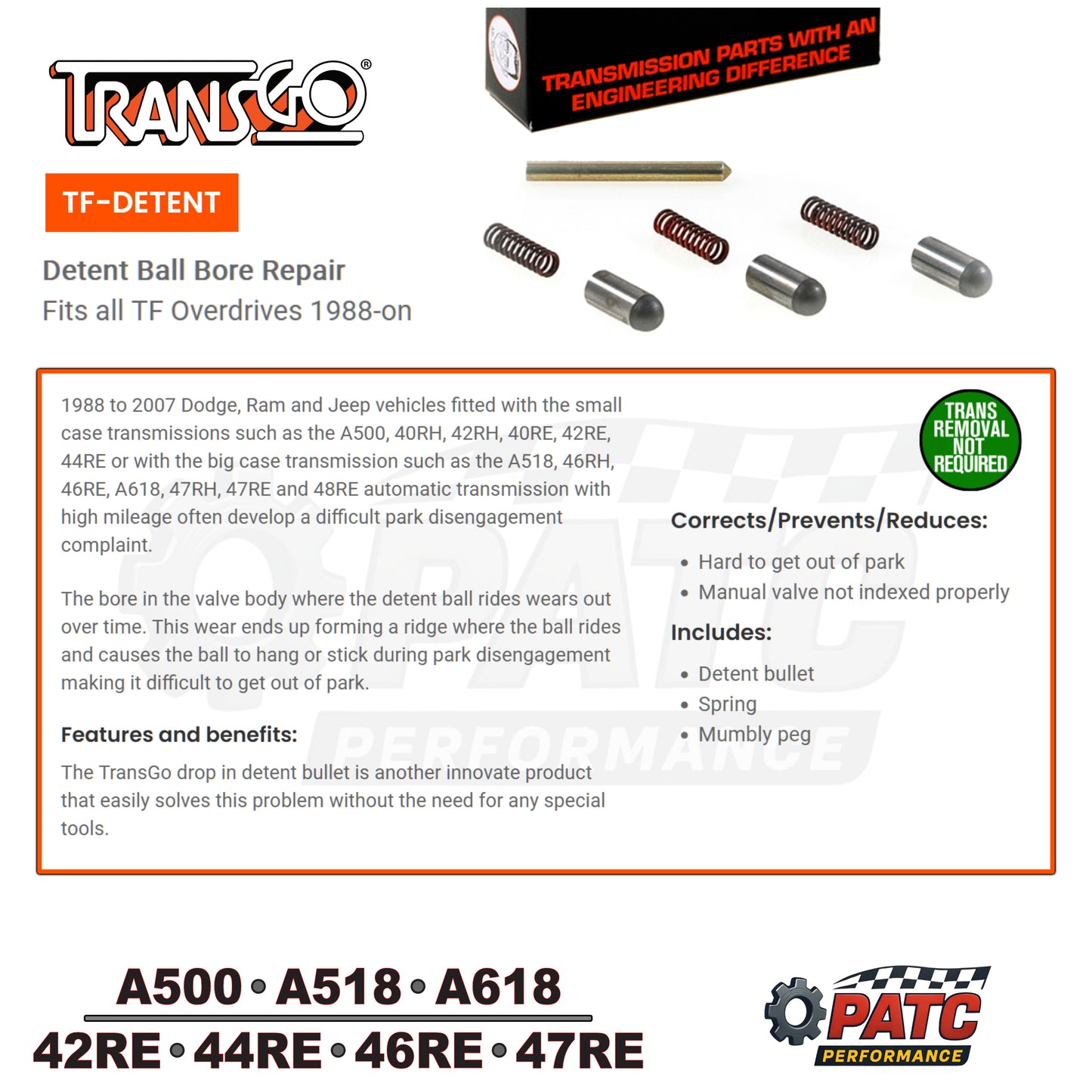 A500 A518 46RE 47RE Detent Ball Repair - for Rooster Comb 1988-07 Gas and Diesel (TF-DETENT)