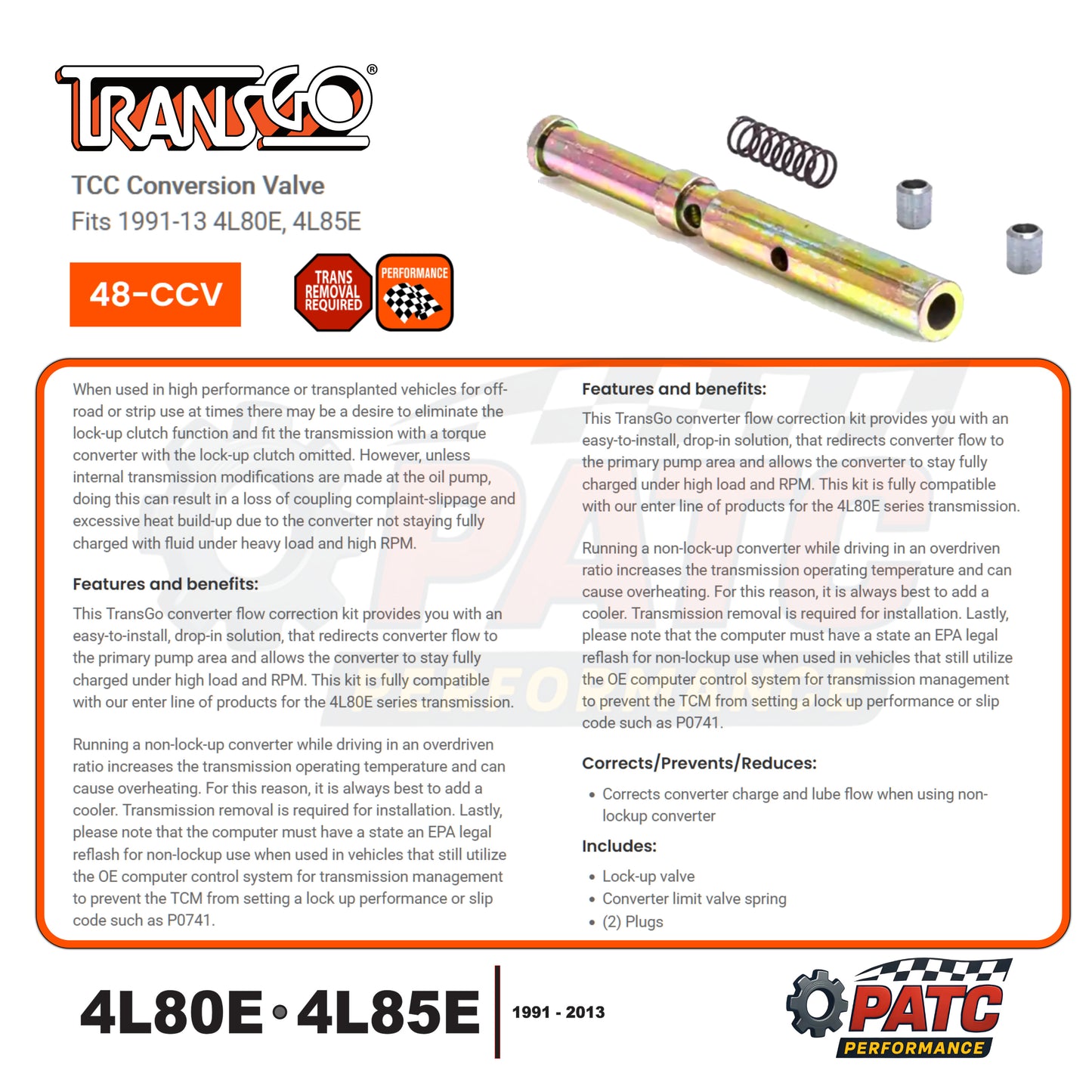 4L80E 4L85E Lock-up Clutch Eliminator - TransGo 48-CCV