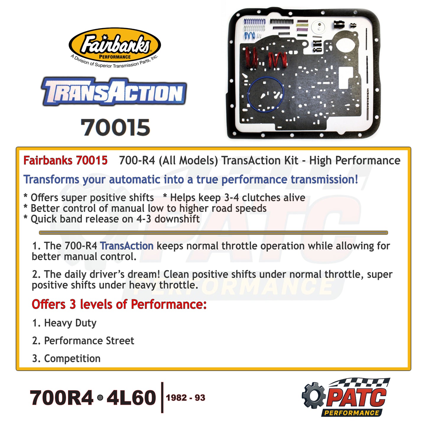 1982-93 700R4 Performance Valve Body TransAction Kit 3-stage | Fairbanks 70015