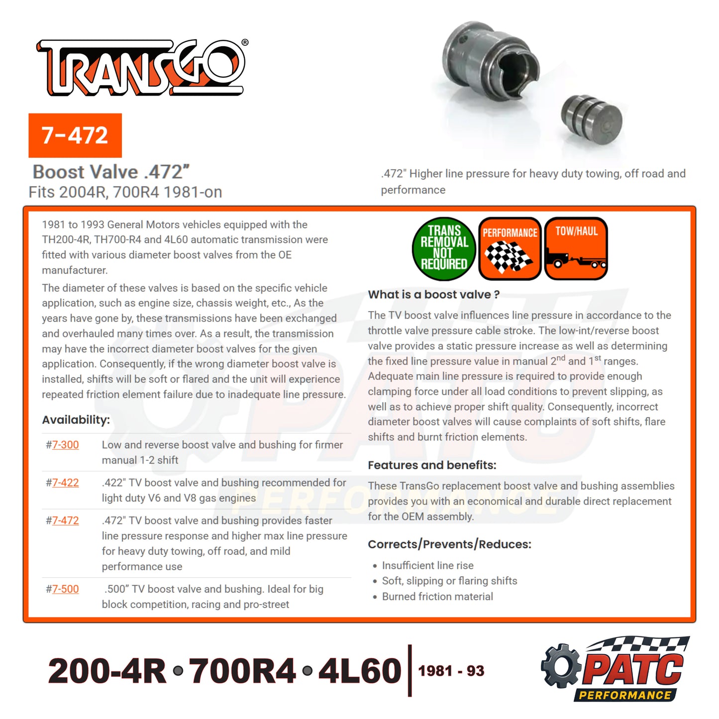 200-4R 700R4 4L60 Throttle Pressure Boost Valve Kit .472" | TransGo 7-472