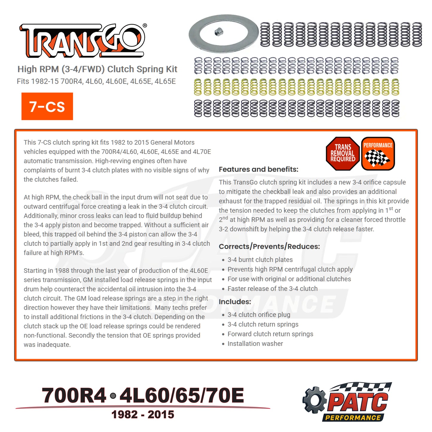 1982-2015 700R4 4L60E High RPM 3-4/FWD Clutch Spring Kit | TransGo 7-CS