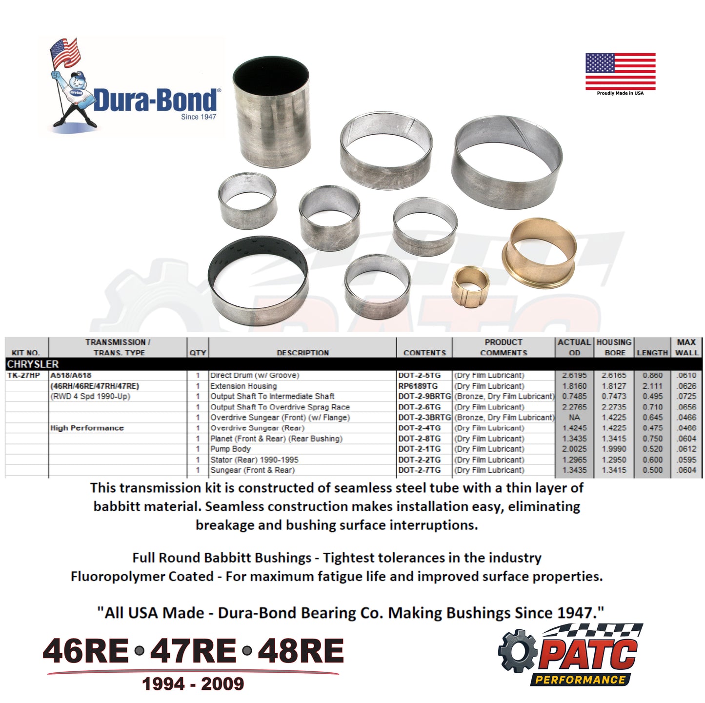 46RE A618 48RE Premium Bushing Set - 1994-Up Dura-Bond TK-27