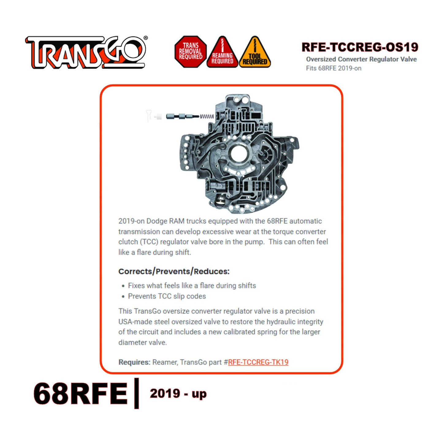 68RFE TCC Regulator Valve Kit OVERSIZED 2019on TransGo (RFETCCREGTK19)