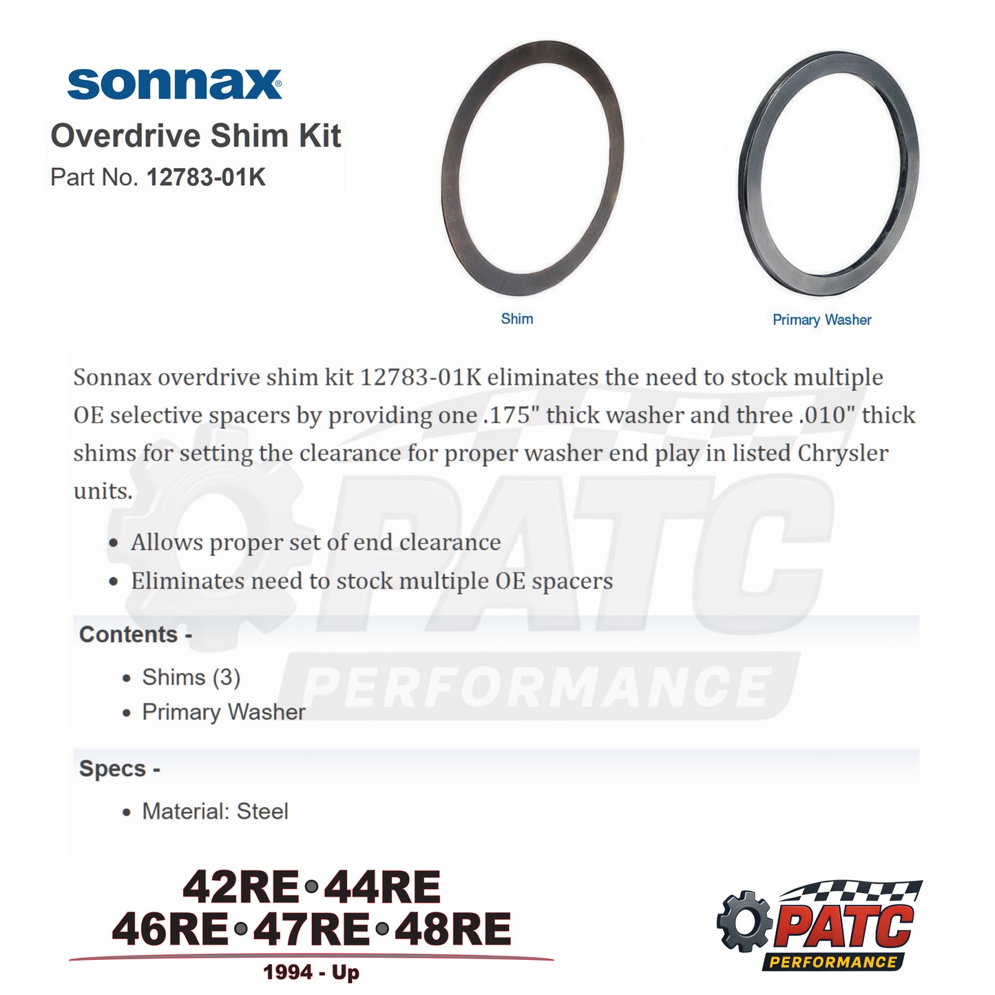 42-44-46-47-48RE Transmission Overdrive Shim Kit | Sonnax 12783-01K