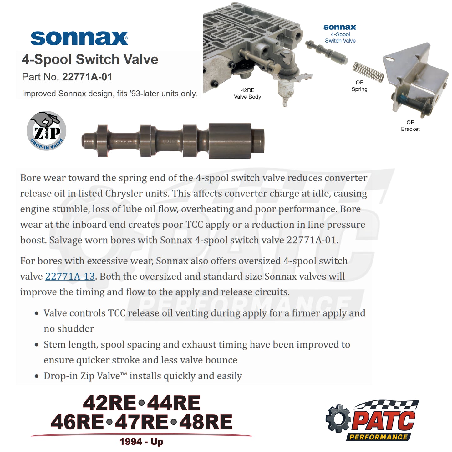 42-44-46-47-48RE Transmission 4-Spool Switch Valve | Sonnax 22771A-01