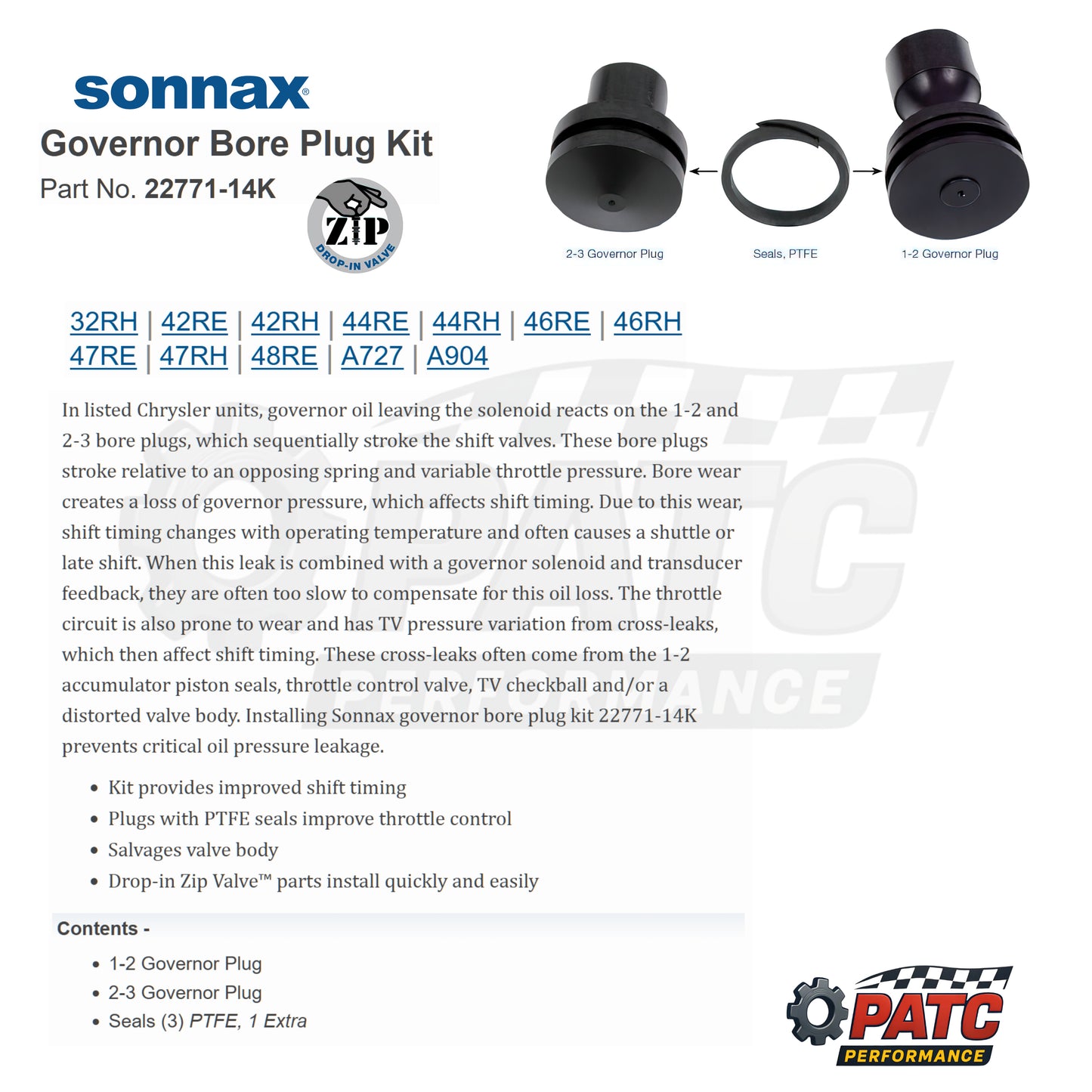 42-44-46-47-48RE Transmission Governor Bore Plug Kit | Sonnax 22771-14K