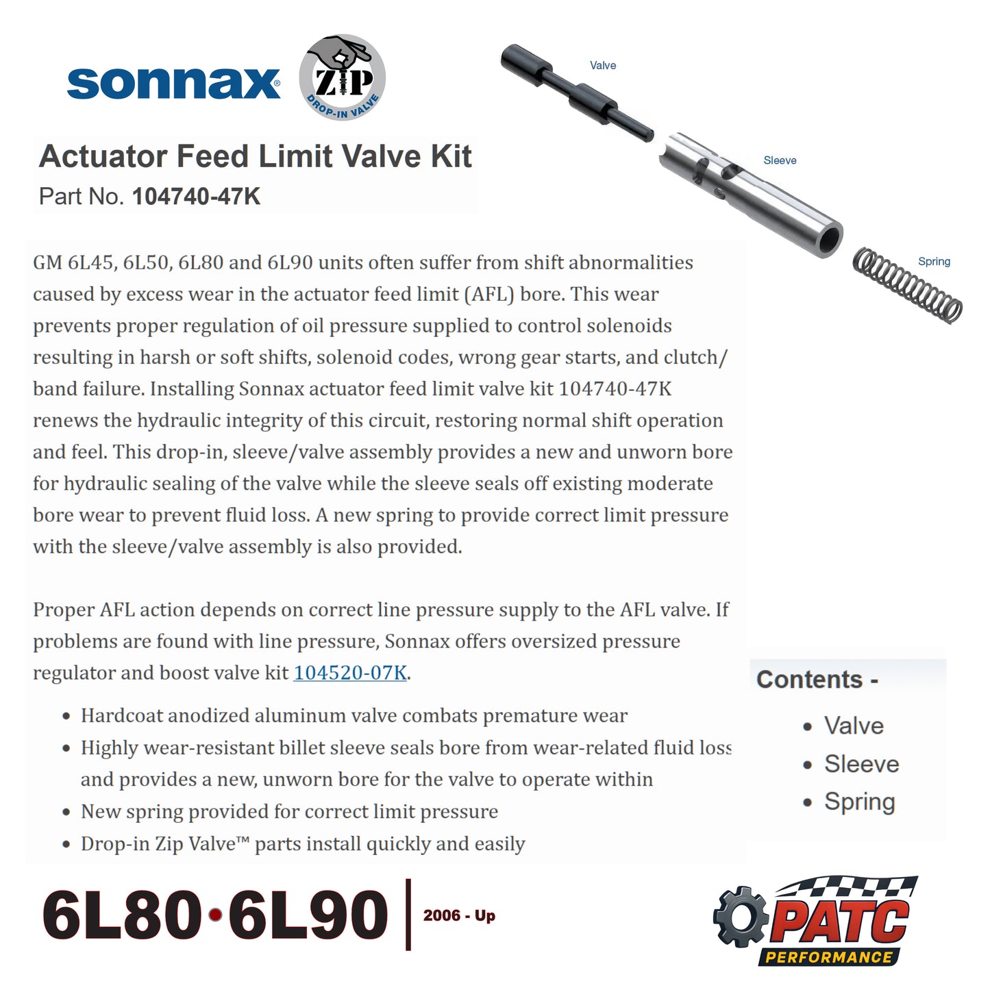 6L80 6L90 Actuator Feed Limit AFL Valve Kit | Sonnax 104740-47K