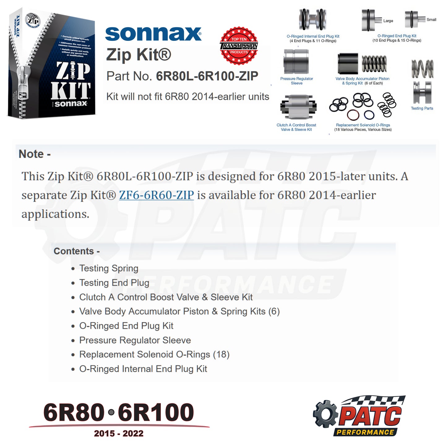 2015-2022 6R80 6R100 ZIP KIT® Valve Body Repair | Sonnax 6R80L-6R100-ZIP