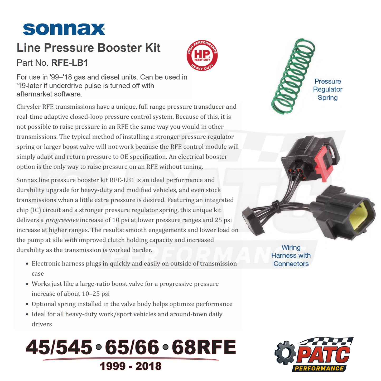 1999-2018 RFE Performance - HP Line Pressure Booster Kit | Sonnax RFE-LB1
