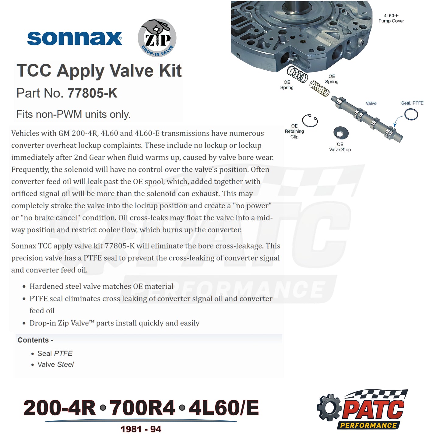 200-4R 700R4 4L60E TCC Apply Valve Kit non-PWM | Sonnax 77805-K