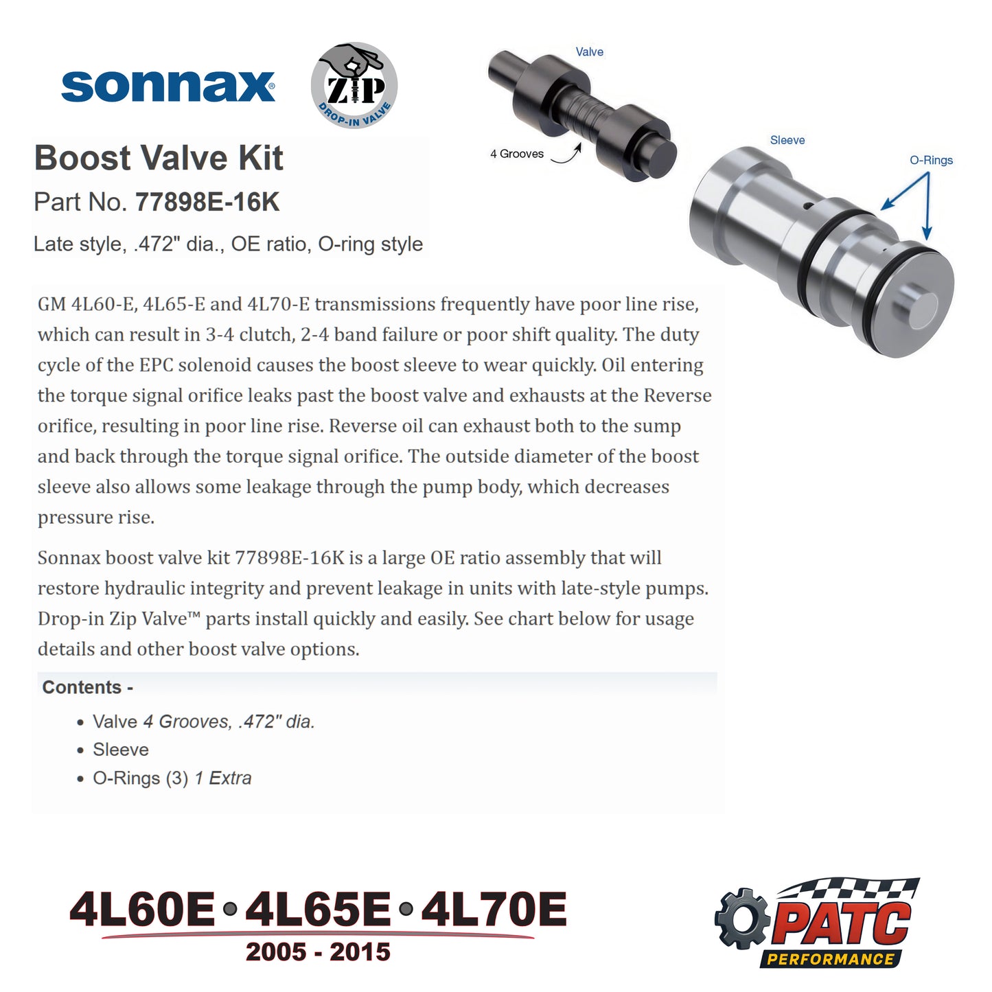 2005-2015 4L60E-4L65E Pump Boost Valve Kit | Sonnax 77898E-16K