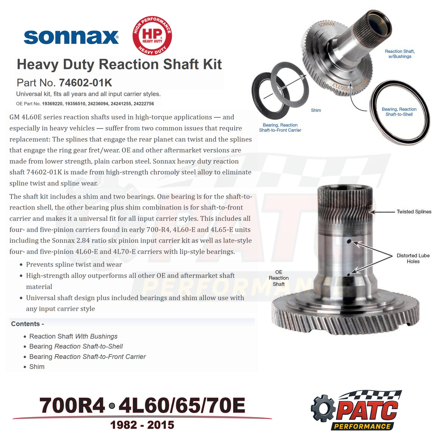 4L60/65/70E Performance HD Reaction Shaft Kit | Sonnax HP 74602-01K