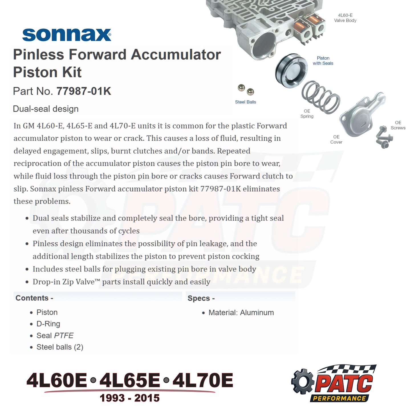 4L60E Performance Pinless Accumulator Piston Kit - Forward | Sonnax 77987-01K