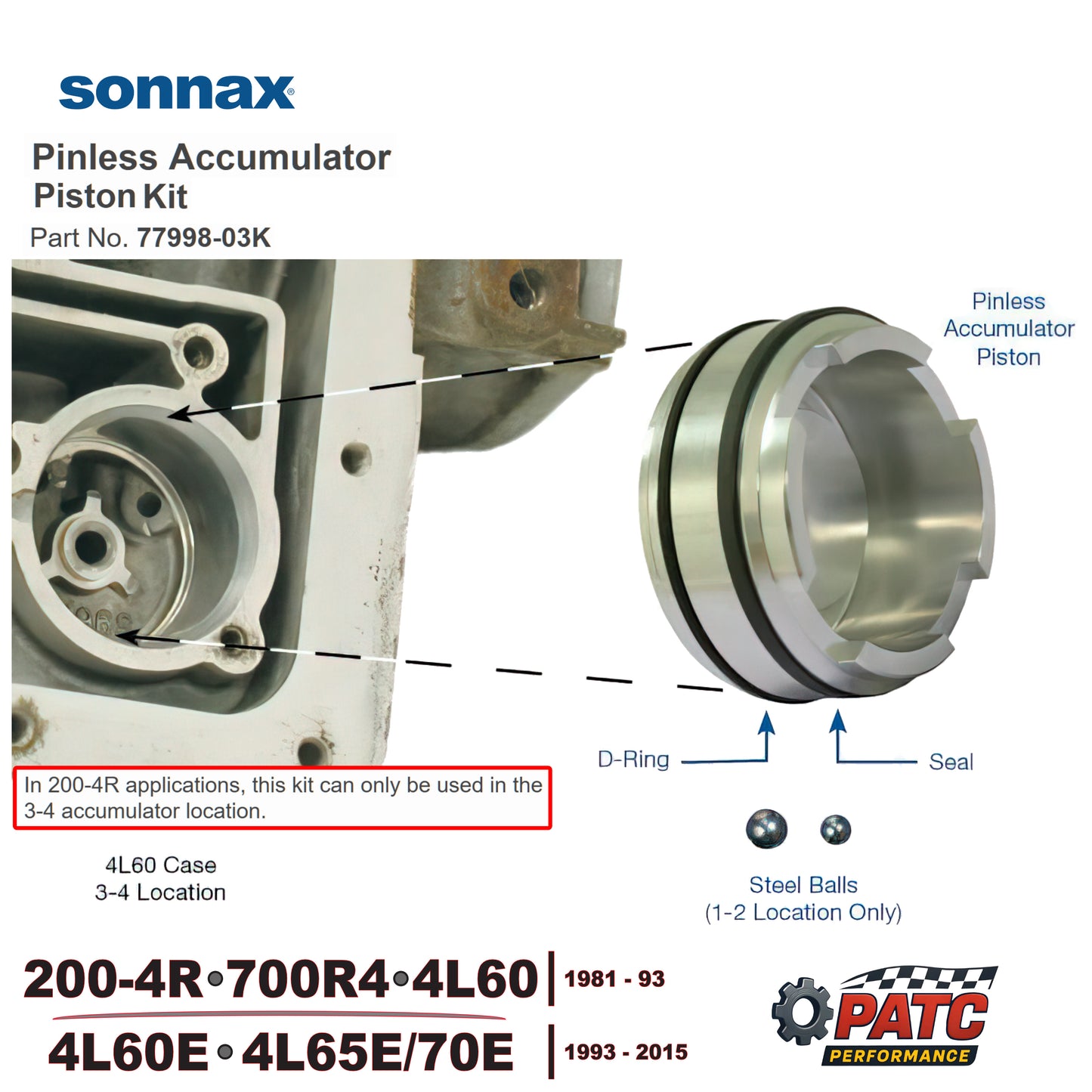 700R4, 4L60E Performance Pinless Accumulator Piston Kit 1-2, 3-4 | Sonnax 77998-03K