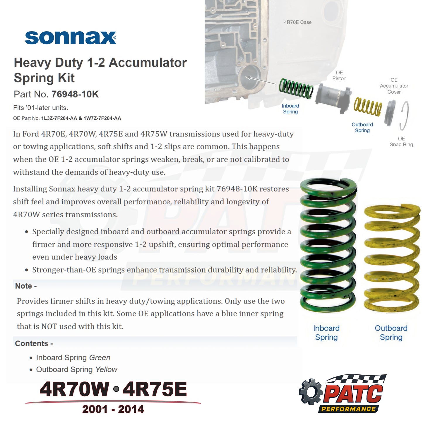 2001-Up 4R70 4R75 Heavy Duty 1-2 Accumulator Spring Kit | Sonnax 76948-10K