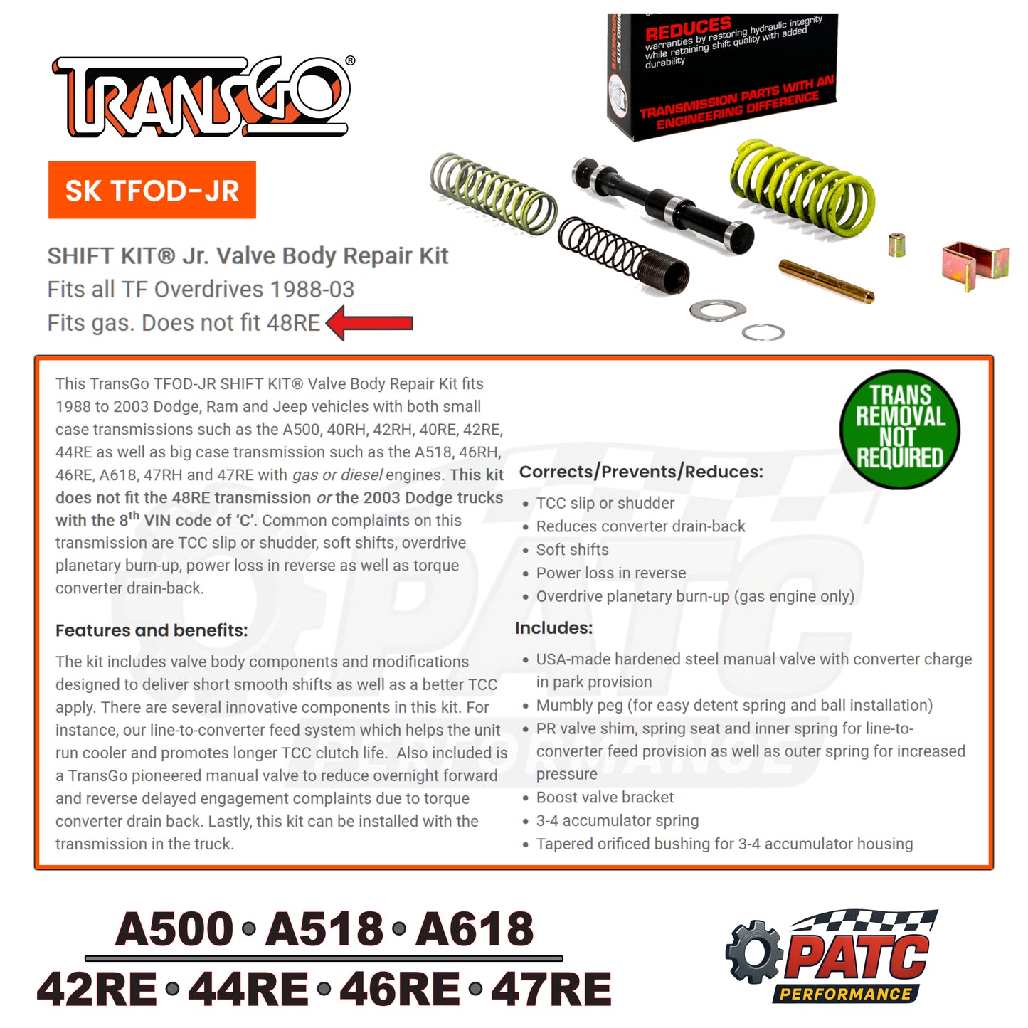 A500 A518 46RE 47RE SHIFT KIT® Jr Valve Body Repair 1988-03 Gas and Diesel (TFOD-JR)