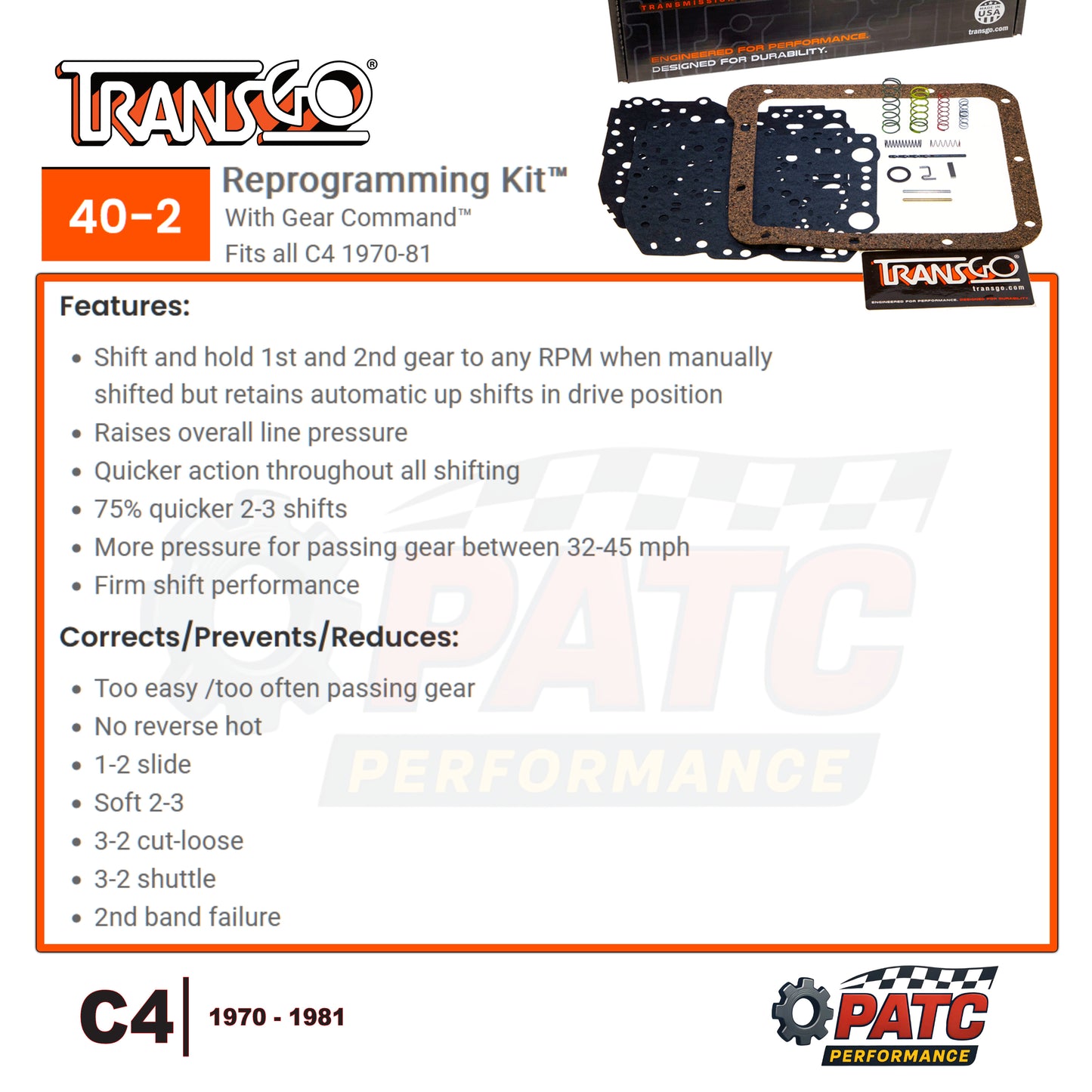 C4 Performance Valve Body Reprogramming Kit™ 1970-81 | TransGo 40-2