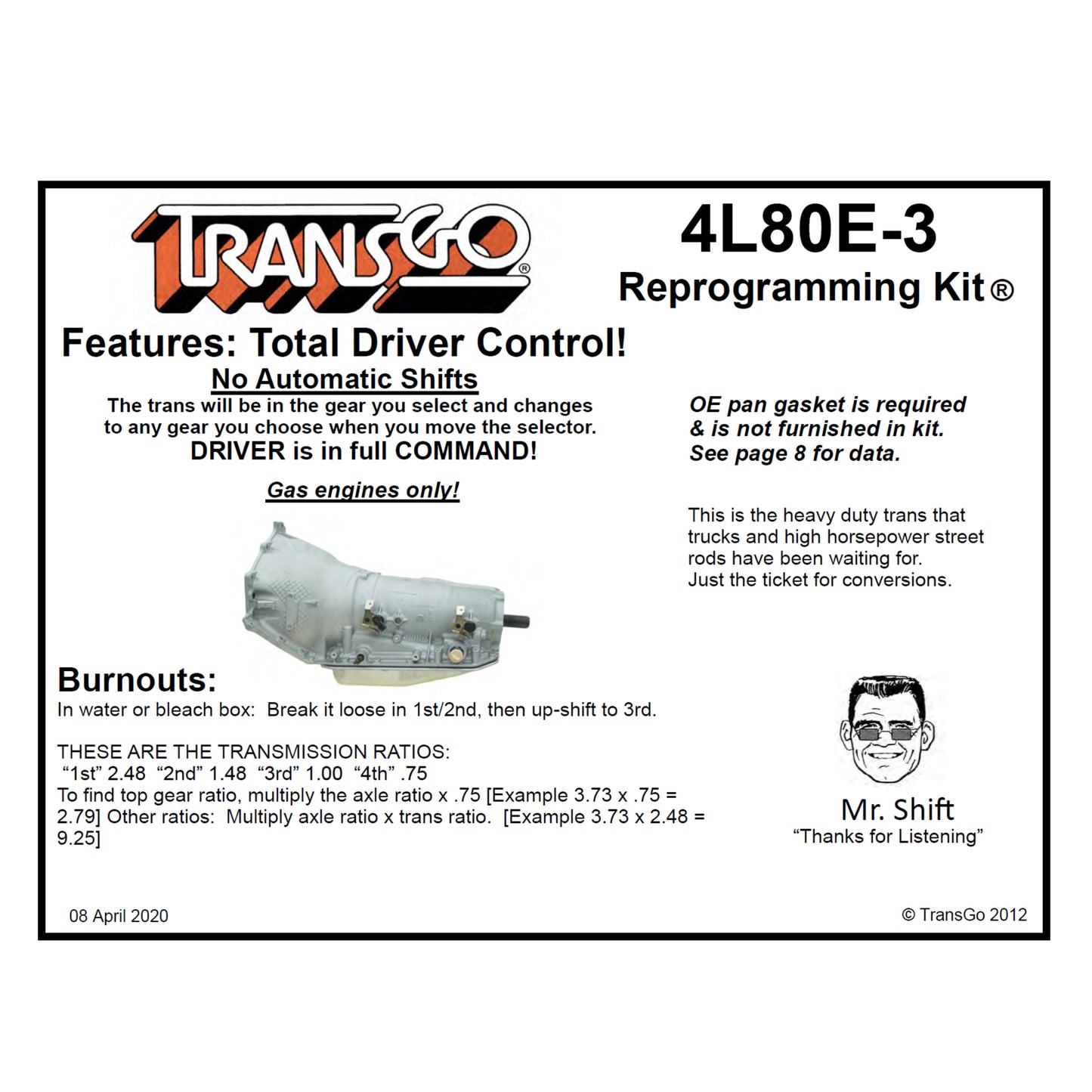4L80E 4L85E Fully-Manual Performance Reprogramming Kit™ - TransGo 4L80E-HD3