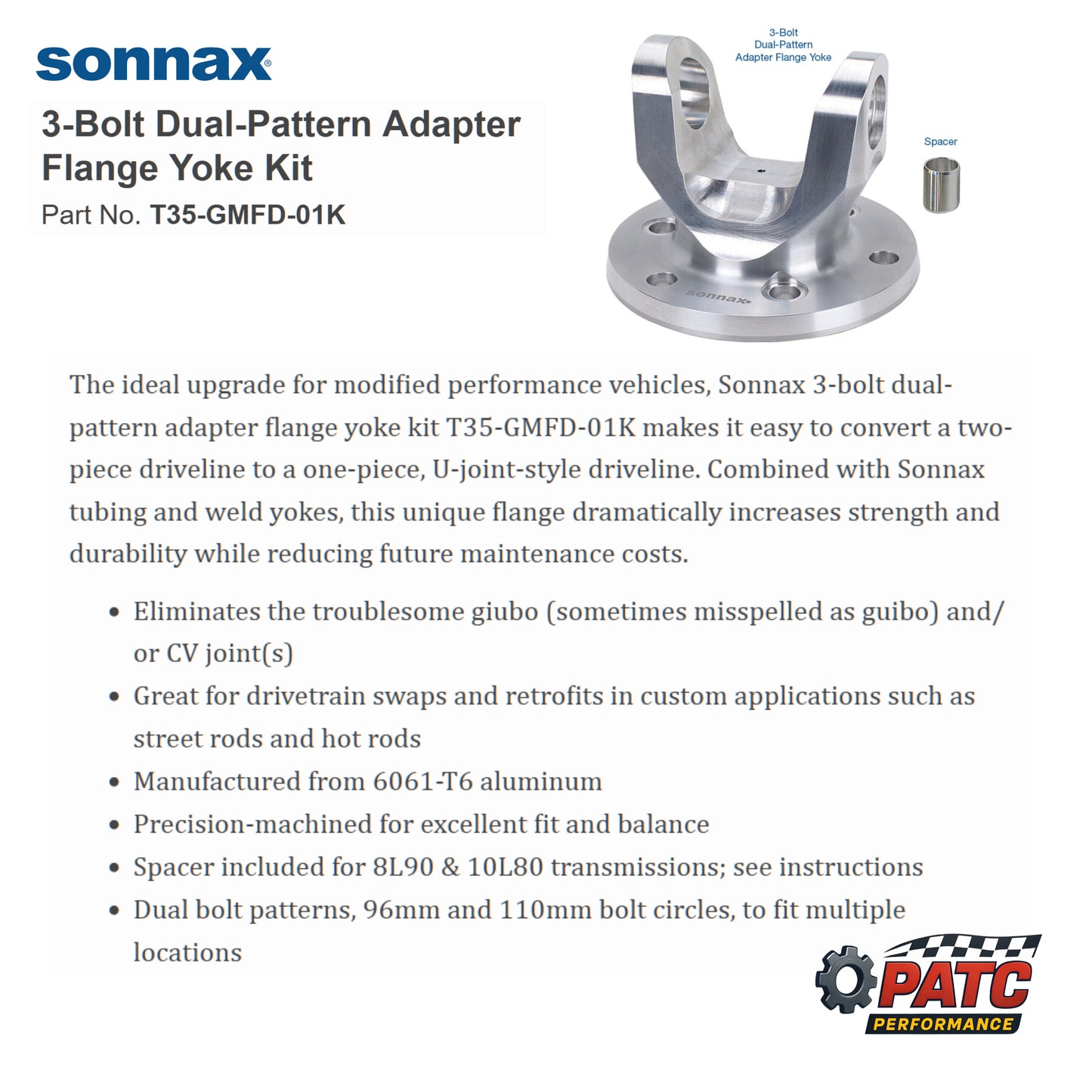 3-Bolt Dual-Pattern Adapter Flange Yoke Kit - Fits 6L80/90, 8L90, 10L80, TR6060, TR3160