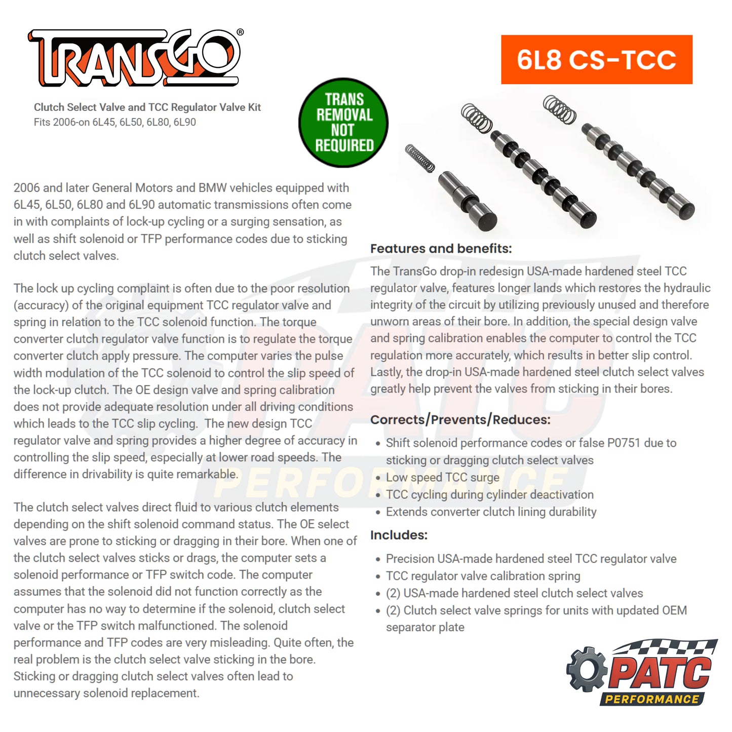 6L80 6L90 Valve Body Repair Kit TCC and Clutch Select Valves 6L8 CS-TCC
