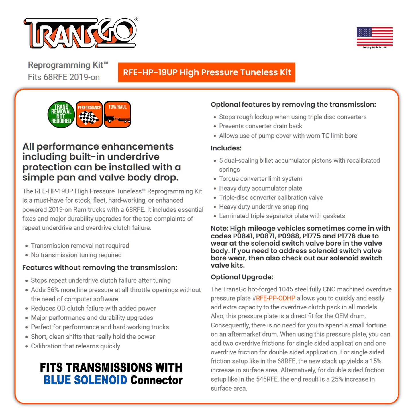 TransGo Tuneless Technology VB Kit 68RFE 2019-up RAM Jeep Dodge (RFE-HP-19UP)