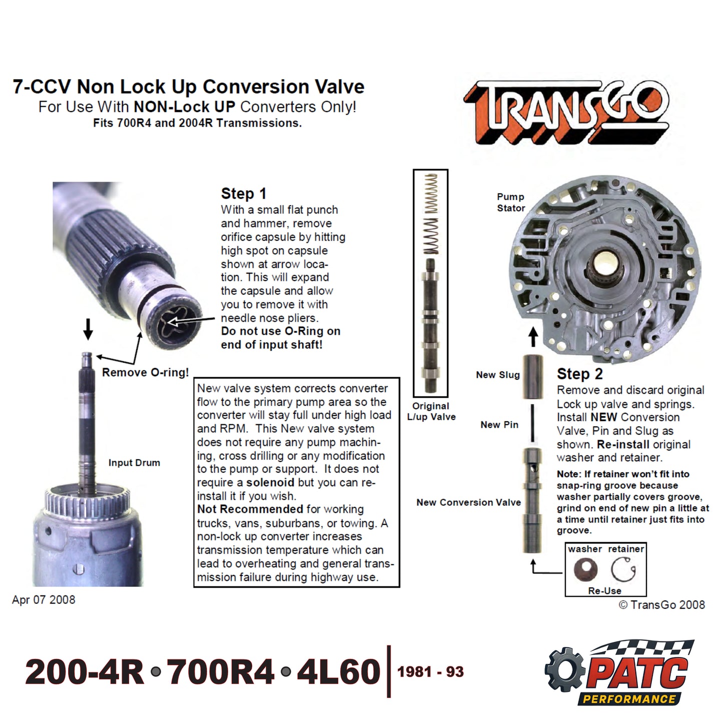 200-4R 700R4 4L60 Lock-Up Eliminator Conversion Kit | TransGo 7-CCV