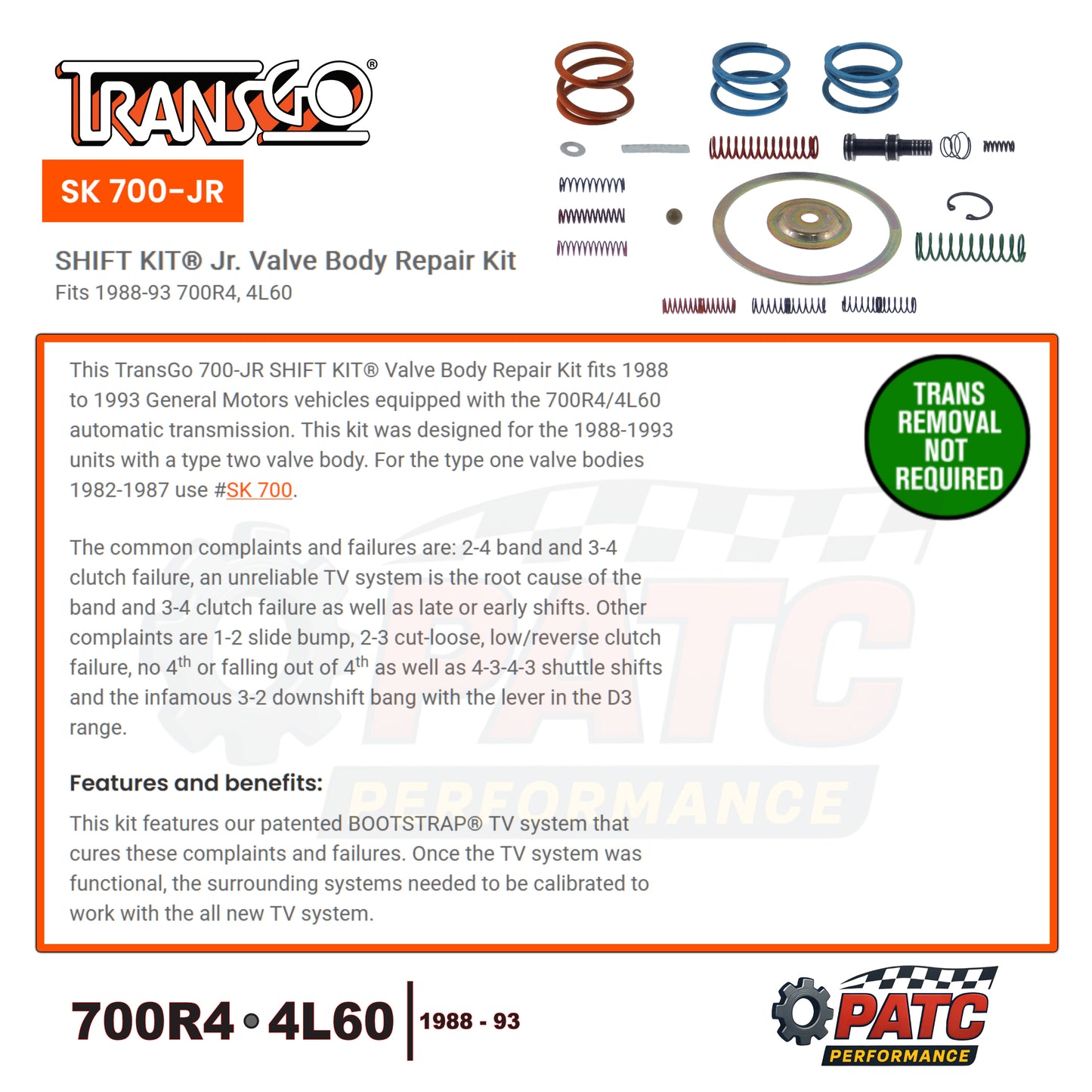 700R4 4L60 Valve Body Repair Junior Shift Kit | TransGo SK-700JR