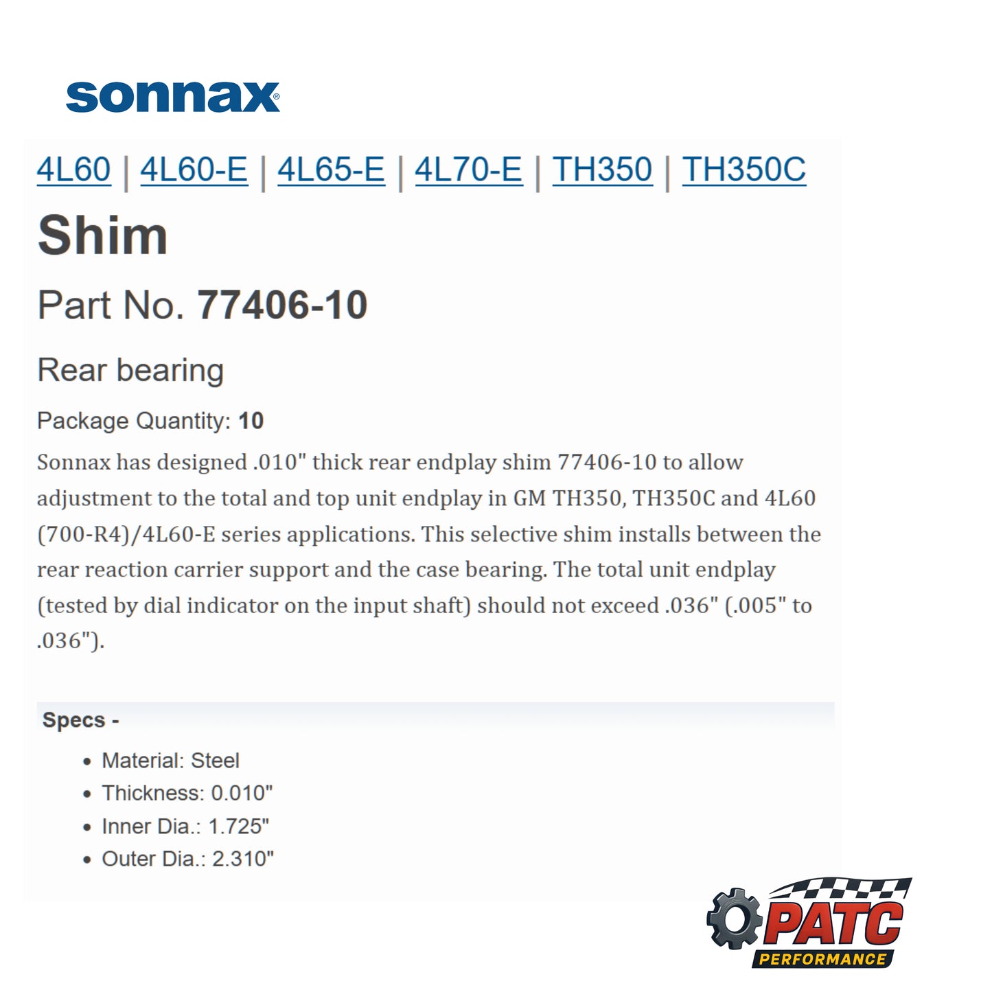 TH350/C 700R4/4L60E End-play Shim (Rear/Output) - Sonnax 77406-10