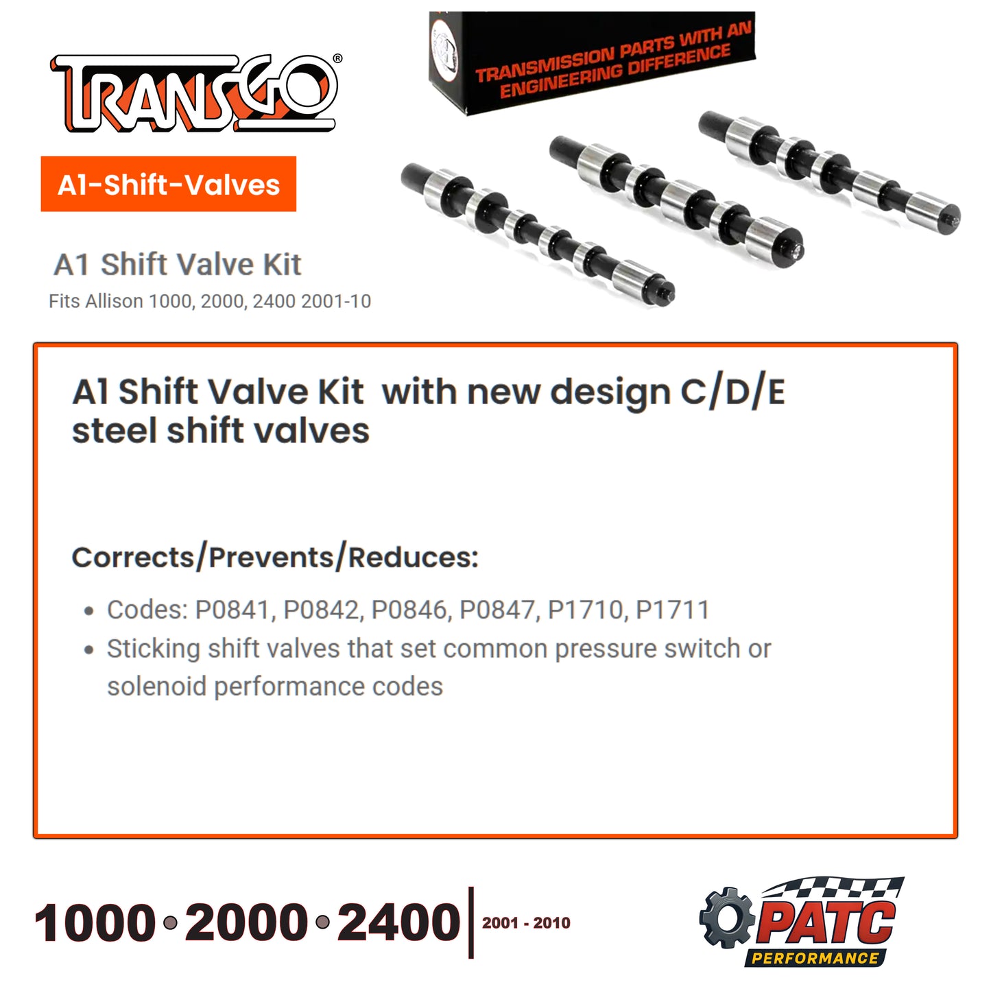 2001-10 Allison 1000 / 2000 Valve Body Fix: C-D-E Shift Valve Kit  (A1-SHIFT-VALVES)