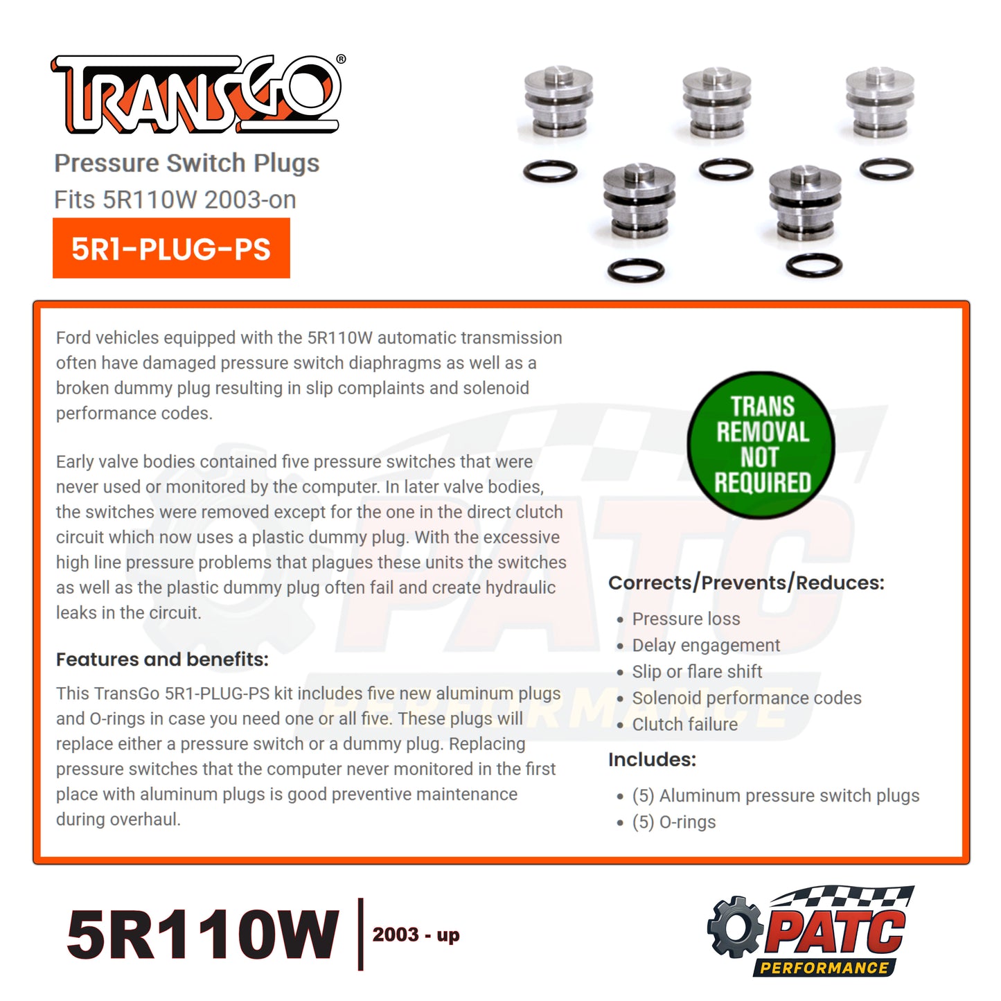 5R110W TorqShift Valve Body Pressure Switch Plug Kit - TransGo 5R1-PLUG-PS