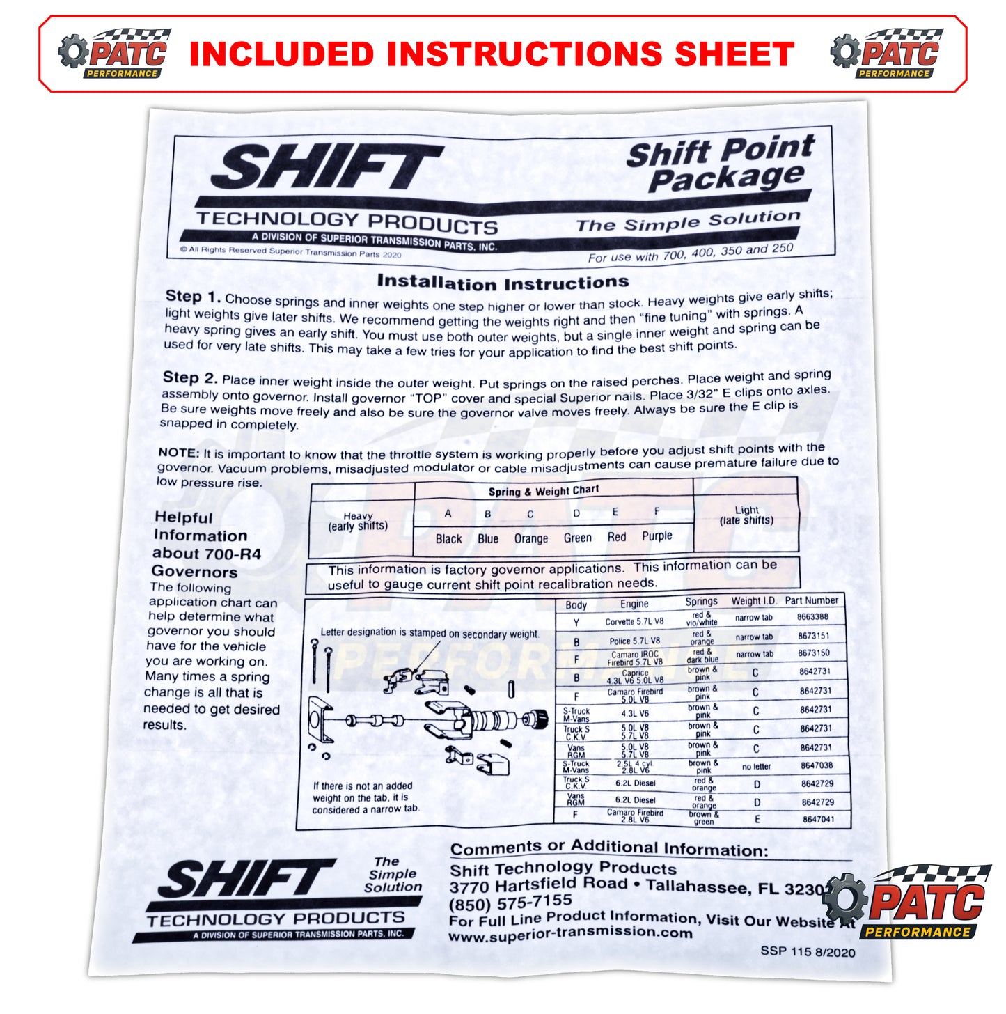 700R4 4L60 Shift Point Tuning Kit - Governor Gear, Springs, Weights - Superior K018
