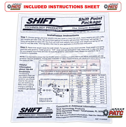 700R4 4L60 Shift Point Tuning Kit - Governor Gear, Springs, Weights - Superior K018