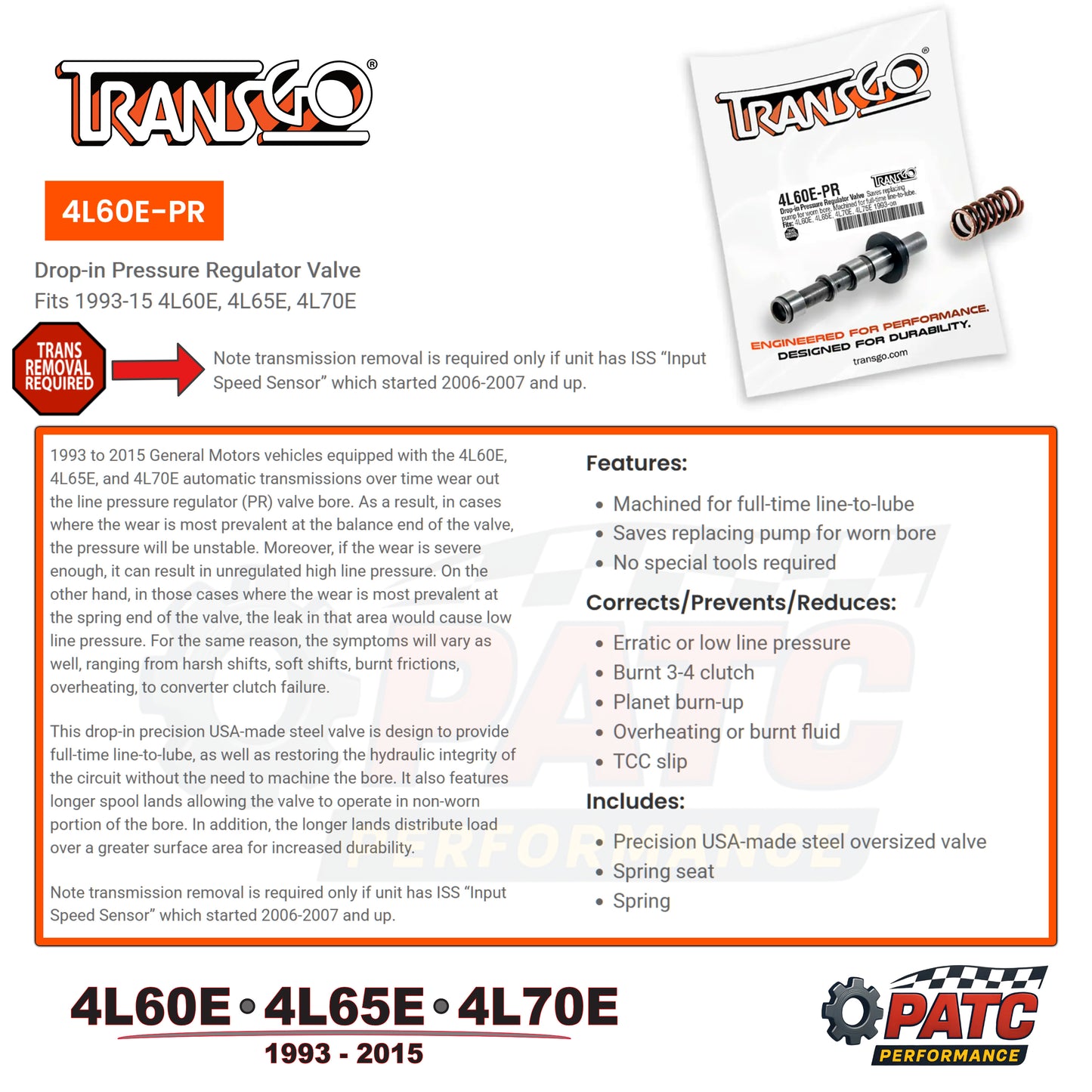 4L60E, 4L65E, 4L70E Pressure Regulator Valve Kit | TransGo 4L60E-PR