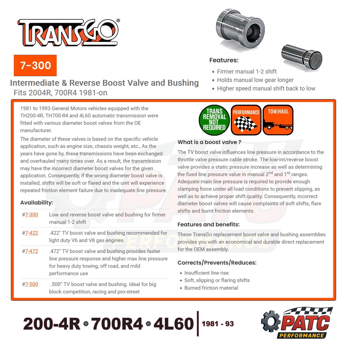 200-4R 700R4 4L60 Low and Reverse Boost Valve Kit | TransGo 7-300