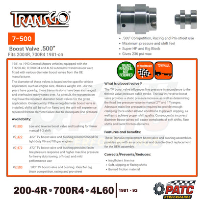 200-4R 700R4 4L60 TV Pressure Boost Valve Kit .500" | TransGo 7-500