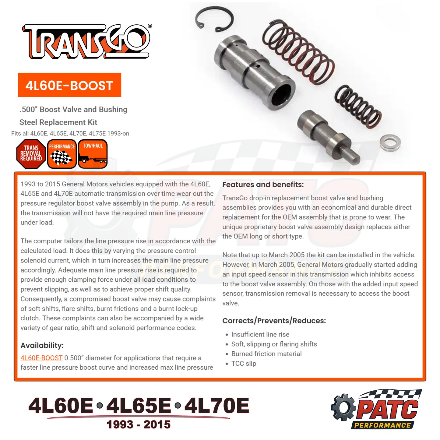 4L60E, 4L65E, 4L70E Pressure Boost Valve Kit .500" | TransGo 4L60E-BOOST