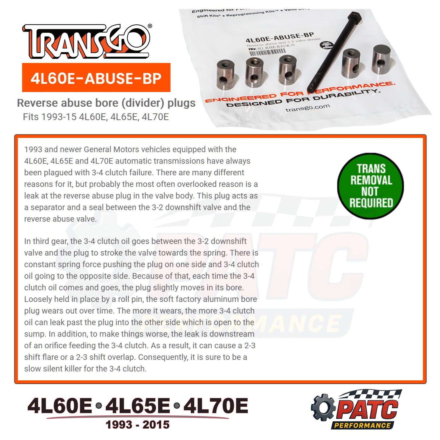 4L60E Valve Body 3-4 Abuse Plug Kit | TransGo 4L60E-ABUSE-BP