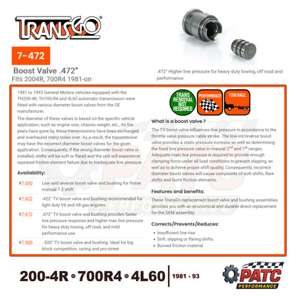 200-4R 700R4 4L60 Throttle Pressure Boost Valve Kit .472" | TransGo 7-472