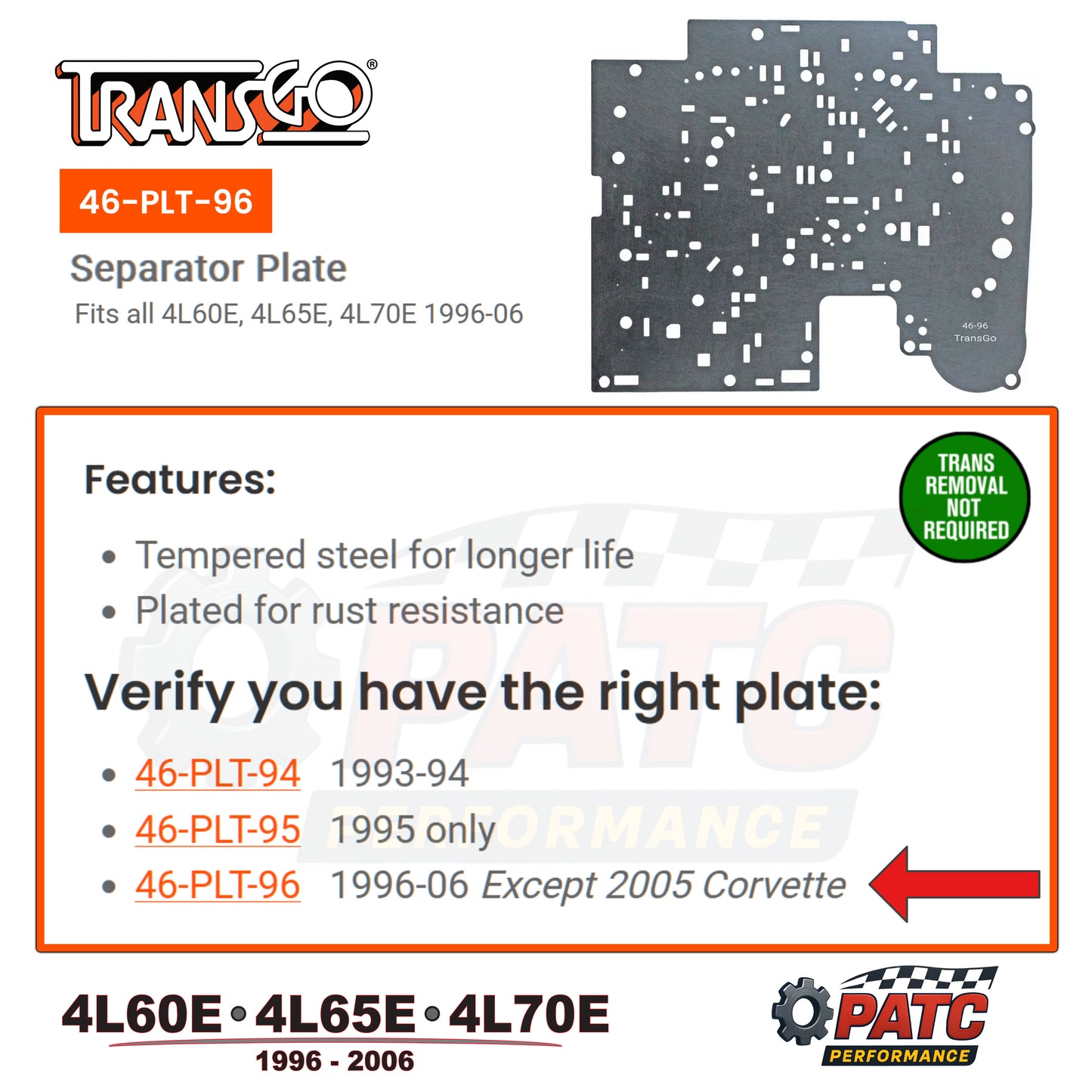 1996-06 4L60E/65E/70E Valve Body Separator Plate Heavy Duty | TransGo 46-PLT-96