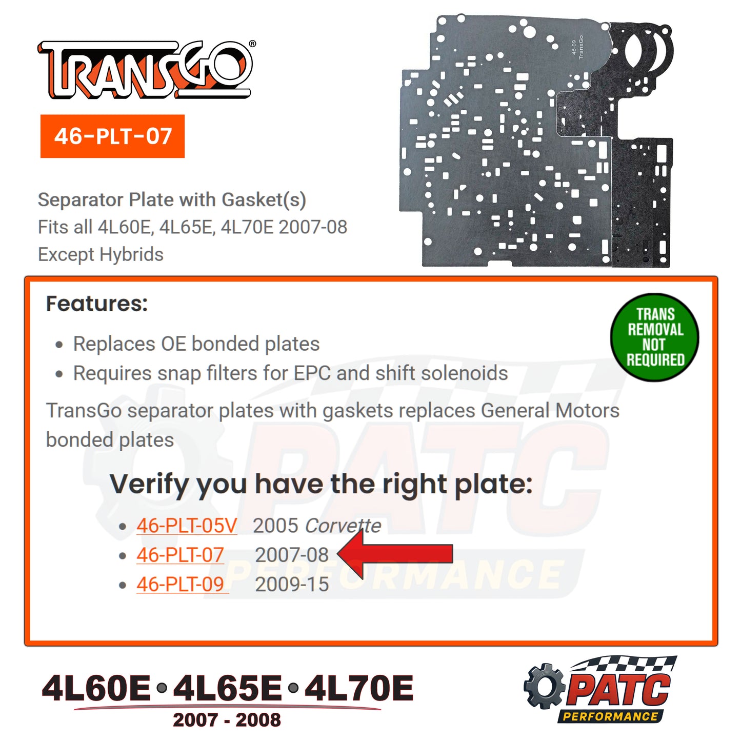 2007-08 4L60E/65E/70E Valve Body Separator Plate Heavy Duty | TransGo 46-PLT-07