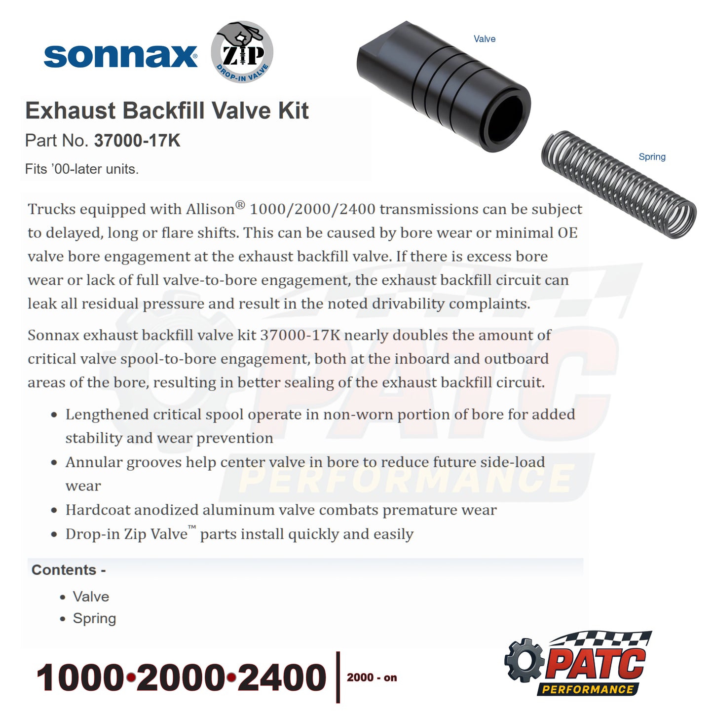 2000-Up Allison 1000 / 2000 Exhaust Backfill Valve Kit | Sonnax 37000-17K