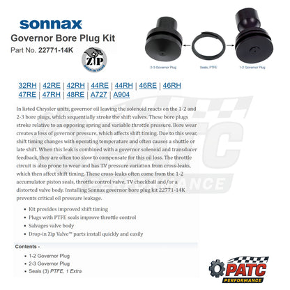 42-44-46-47-48RE Transmission Governor Bore Plug Kit | Sonnax 22771-14K