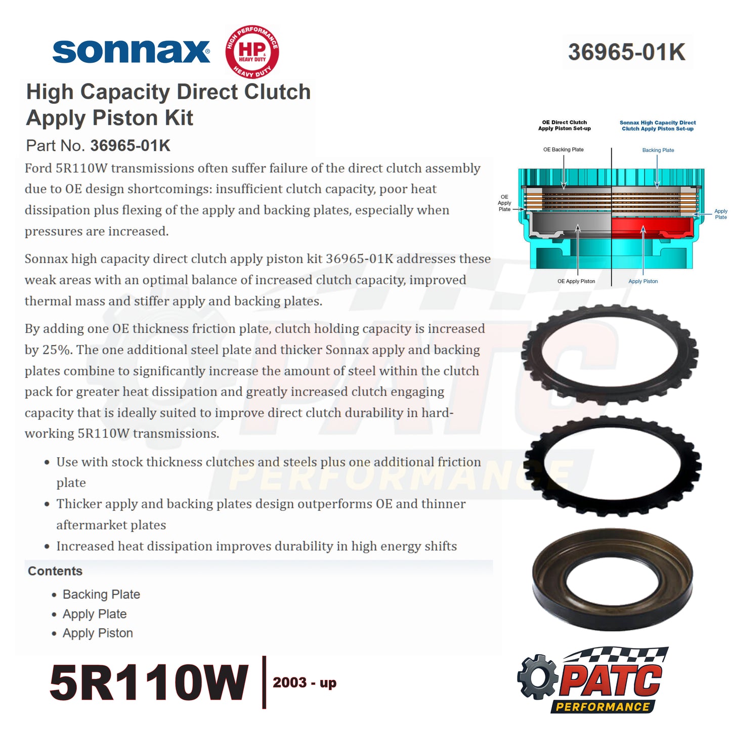5R110W TorqShift High Capacity Direct Clutch Piston Kit - Sonnax 36965-01K