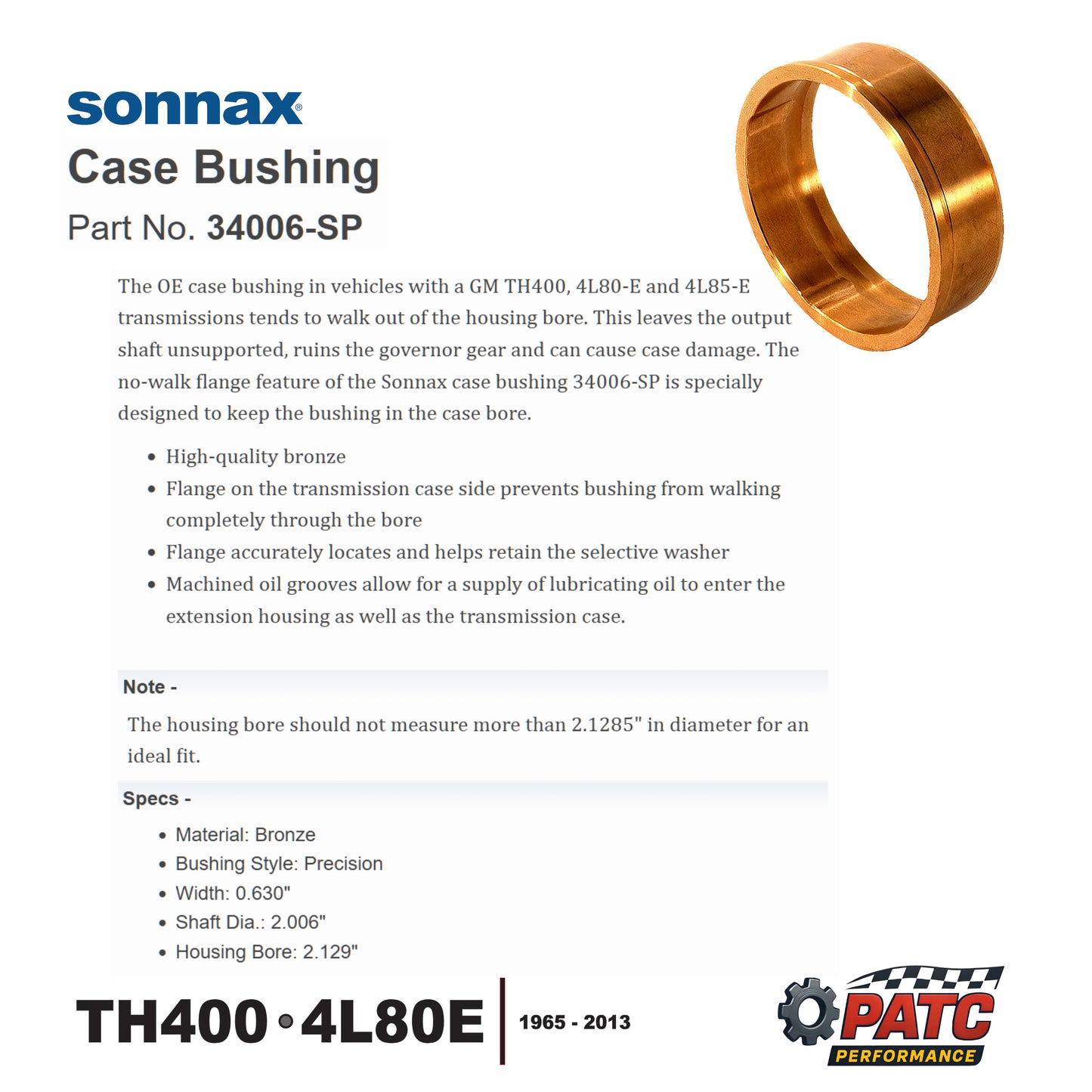 TH400 4L80E Performance No-Walk Case Bushing - Sonnax 34006-SP