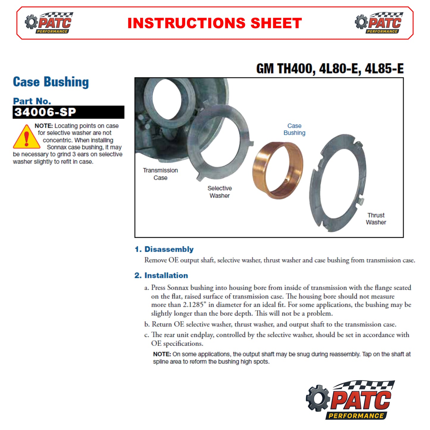 TH400 4L80E Performance No-Walk Case Bushing - Sonnax 34006-SP