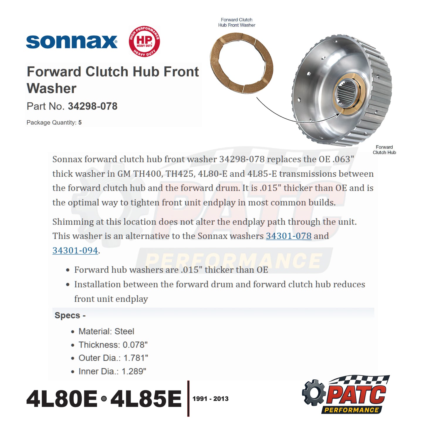 TH400 4L80E Thrust Washer - Forward Clutch Hub FRONT 0.078" (5-pack) - Sonnax 34298-078