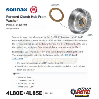 TH400 4L80E Thrust Washer - Forward Clutch Hub FRONT 0.078" (5-pack) - Sonnax 34298-078