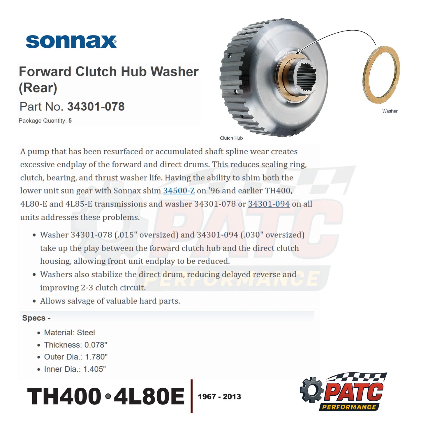 TH400 4L80E Thrust Washer - Forward Clutch Hub REAR 0.078" (5-pack) - Sonnax 34301-078