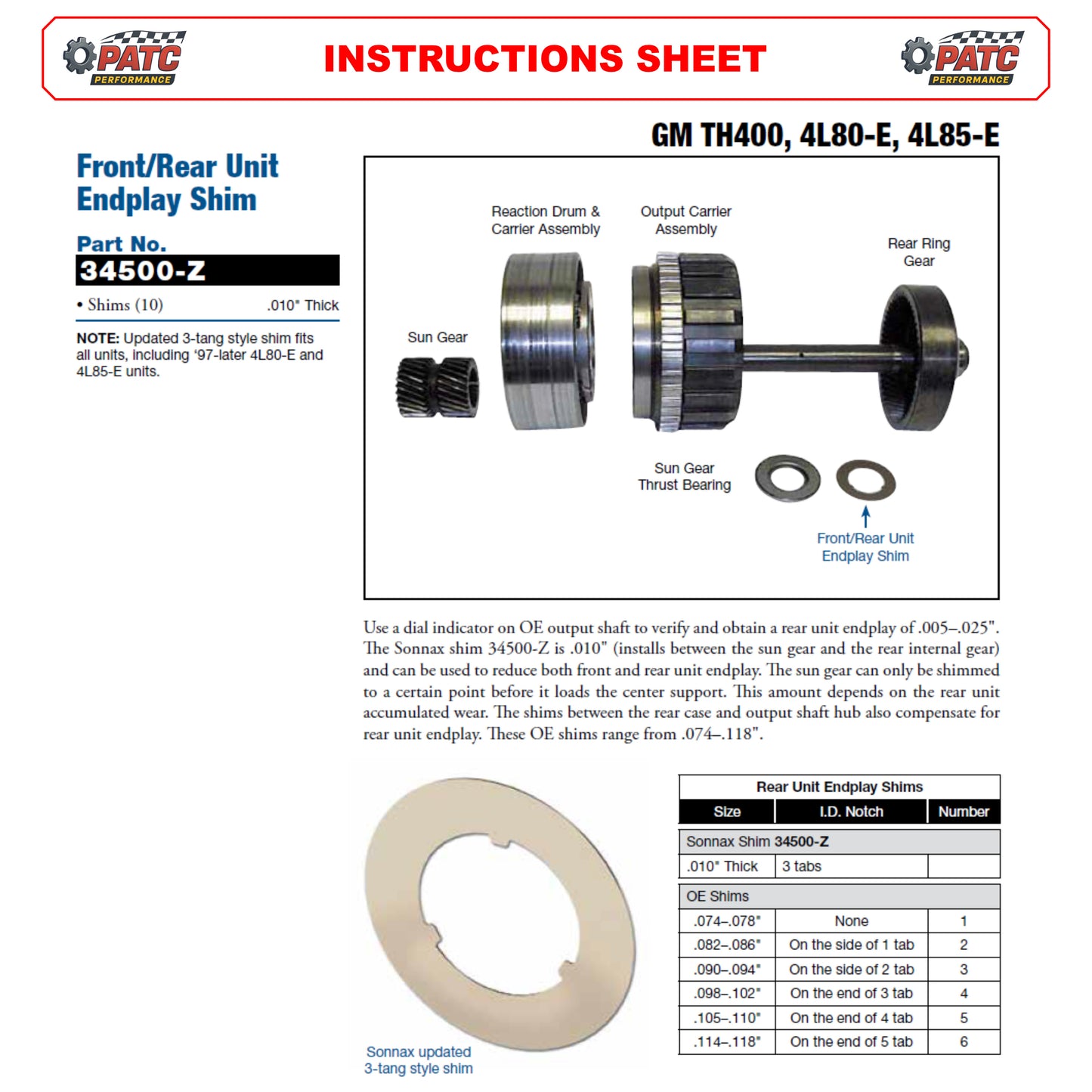 4L80E 4L85E Rear End-Play Shim 0.010" (10-pack) - Sonnax 34500-Z